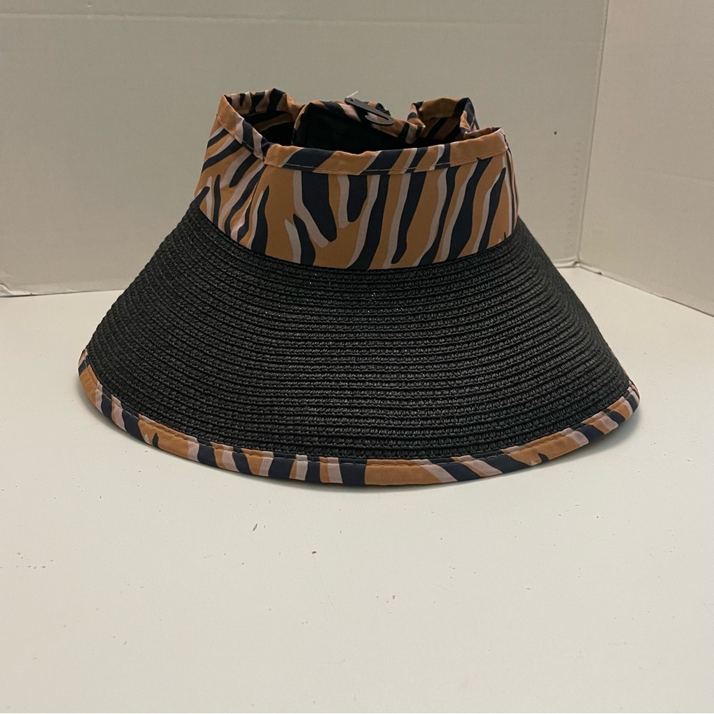 Tahari Hat Visor Sun Animal Print Bow Packable Roll Up Black Blue Camel Tan